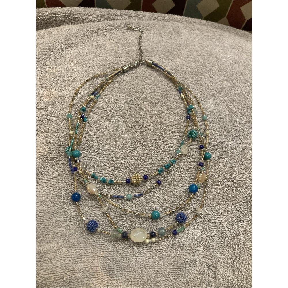 Chicos Multi Strand Beaded Necklace Blue Turquoise Gold‎ Layered Statement